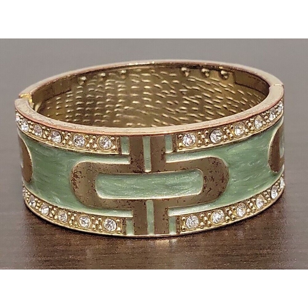 Vintage Light Green Enamel  GoldTone  Rhinestone Clamper Bangle Bracelet Bling